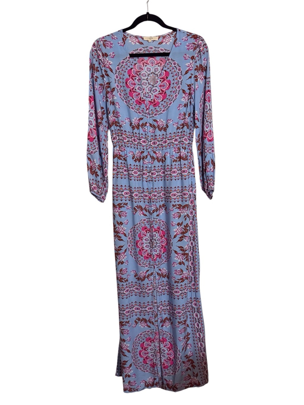 Entro Size Small Blue Pink Floral Maxi Dress Boho Western Rayon Long Sleeve